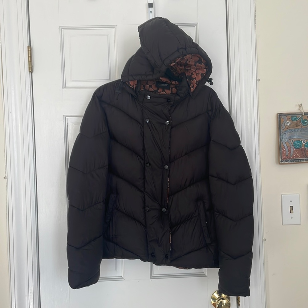 Brown Scotch & Soda short quilted jacket, inner leopard lining & detachable hood